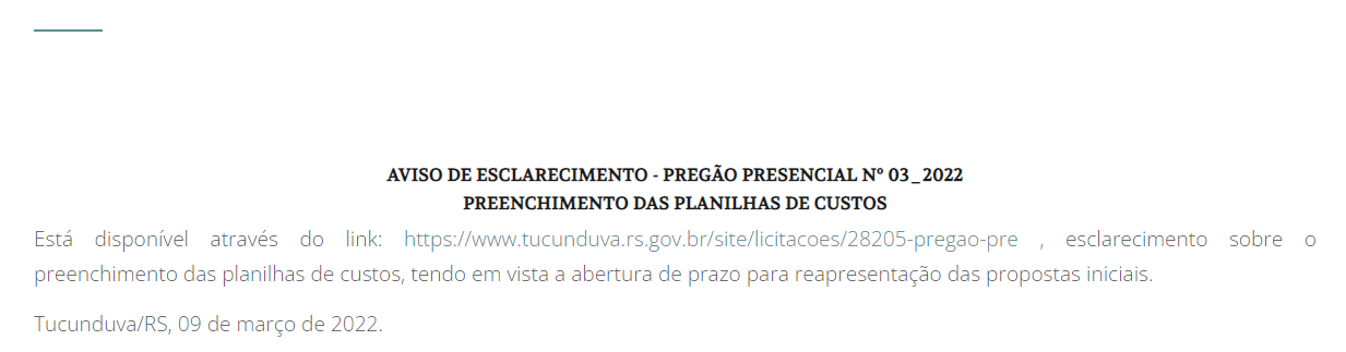 AVISO DE ESCLARECIMENTO  - PRP 03_2022 PREENCHIMENTO PLANILHAS DE CUSTOS 